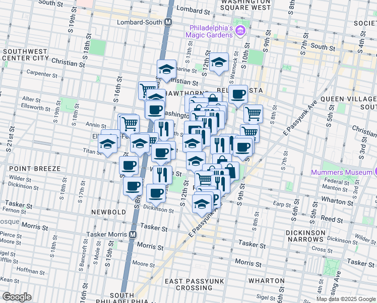 map of restaurants, bars, coffee shops, grocery stores, and more near 1162 South 12th Street in Philadelphia