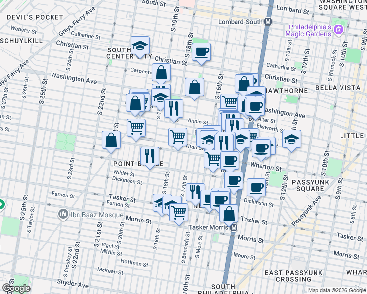 map of restaurants, bars, coffee shops, grocery stores, and more near 1308 South 17th Street in Philadelphia