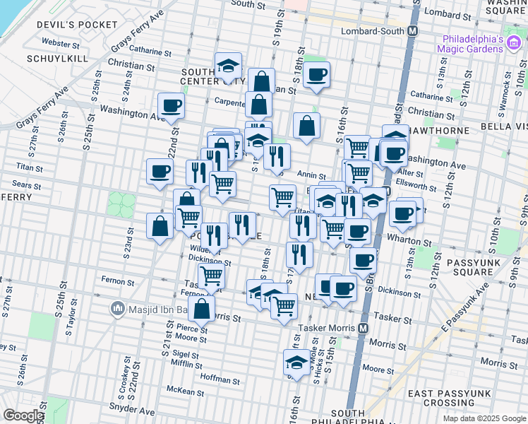 map of restaurants, bars, coffee shops, grocery stores, and more near 1819 Wharton Street in Philadelphia