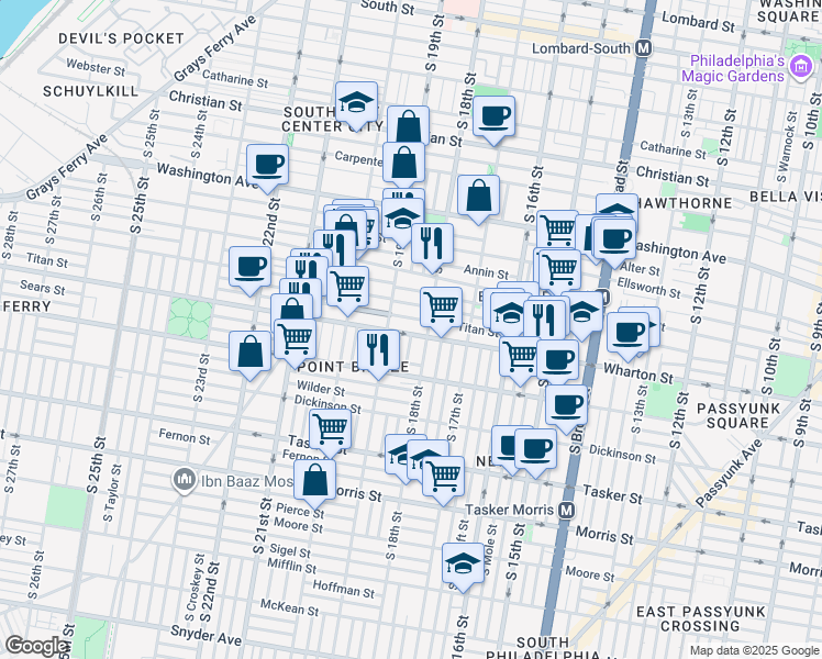 map of restaurants, bars, coffee shops, grocery stores, and more near 1317 South 18th Street in Philadelphia