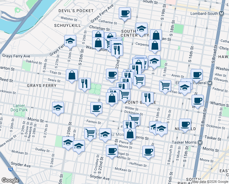 map of restaurants, bars, coffee shops, grocery stores, and more near 2113 Reed Street in Philadelphia