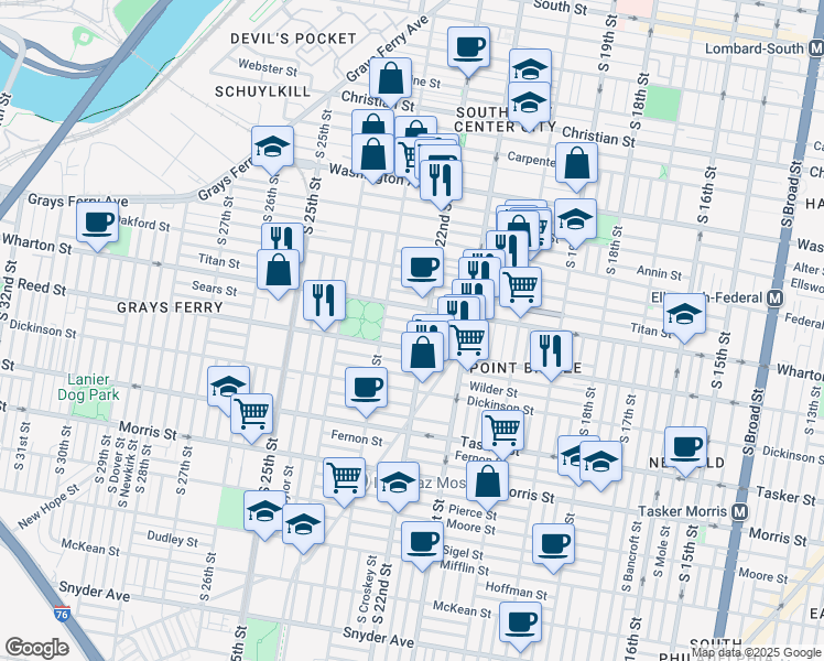 map of restaurants, bars, coffee shops, grocery stores, and more near 2216 Reed Street in Philadelphia