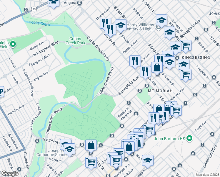 map of restaurants, bars, coffee shops, grocery stores, and more near 1748 South Edgewood Street in Philadelphia