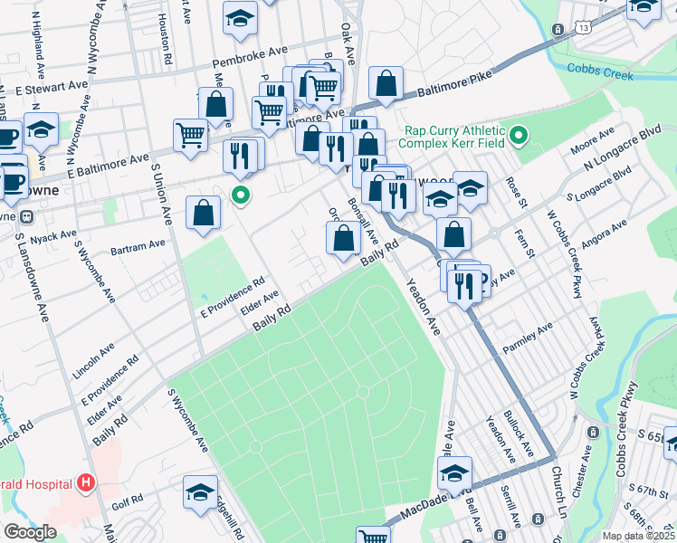 map of restaurants, bars, coffee shops, grocery stores, and more near 626 Baily Road in Yeadon