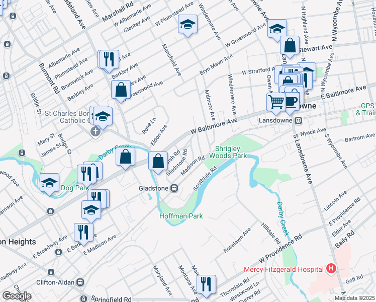 map of restaurants, bars, coffee shops, grocery stores, and more near 104 Madison Road in Lansdowne