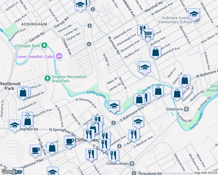 map of restaurants, bars, coffee shops, grocery stores, and more near 2726 Blanchard Road in Drexel Hill