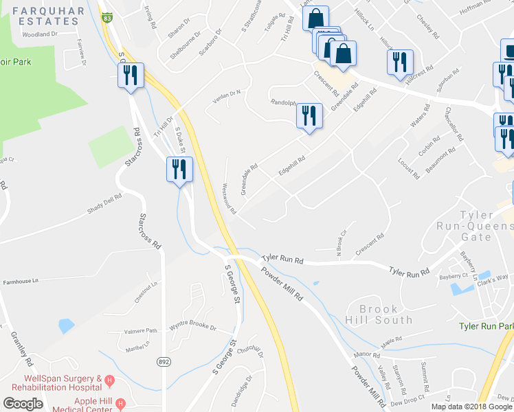 map of restaurants, bars, coffee shops, grocery stores, and more near 224 Edgehill Road in York