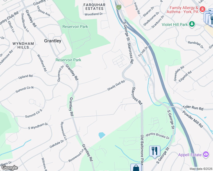 map of restaurants, bars, coffee shops, grocery stores, and more near 430 Shady Dell Road in York