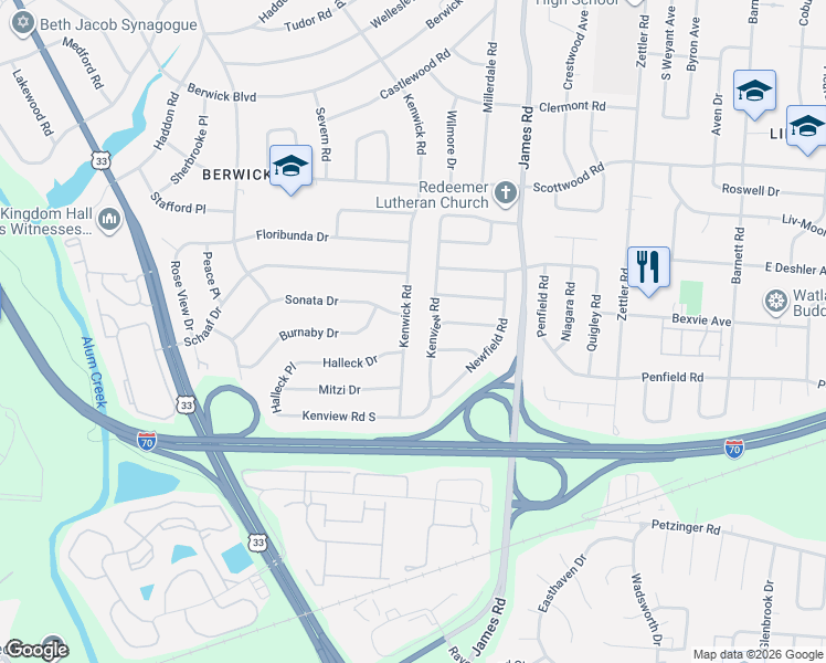 map of restaurants, bars, coffee shops, grocery stores, and more near 1750 Kenwick Road in Columbus