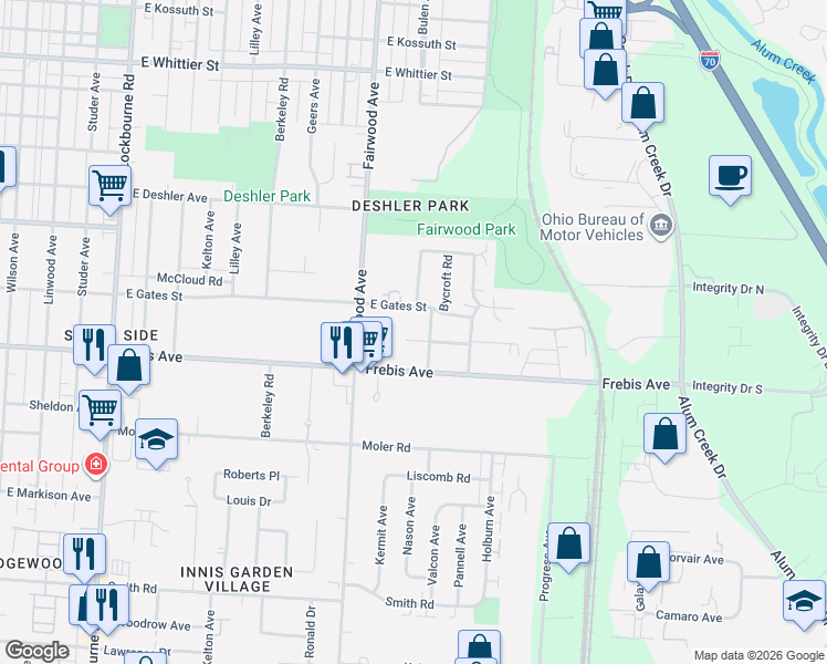 map of restaurants, bars, coffee shops, grocery stores, and more near 1590 Frebis Avenue in Columbus