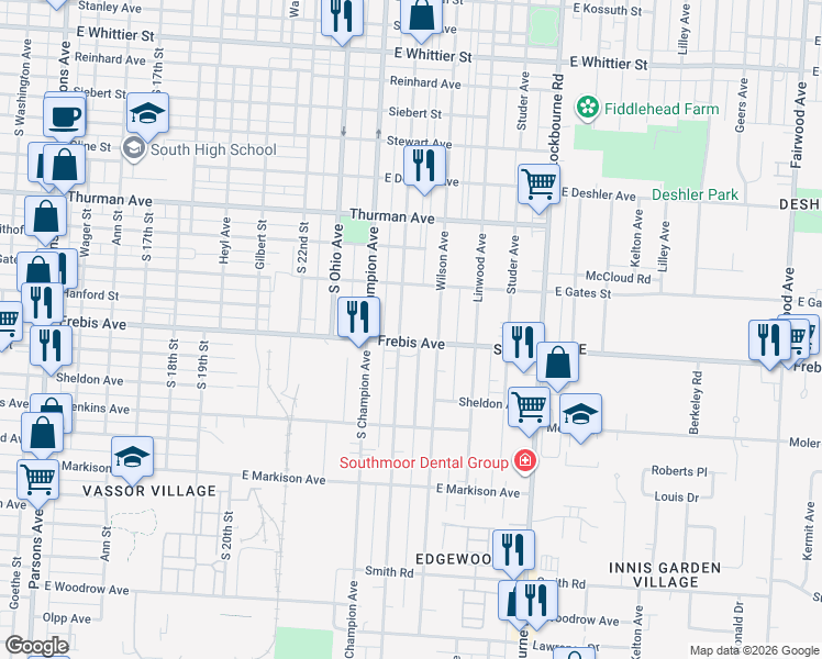 map of restaurants, bars, coffee shops, grocery stores, and more near 951 Frebis Avenue in Columbus