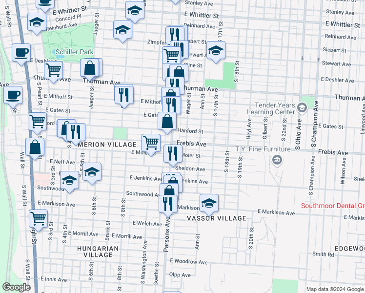 map of restaurants, bars, coffee shops, grocery stores, and more near 489 East Moler Street in Columbus