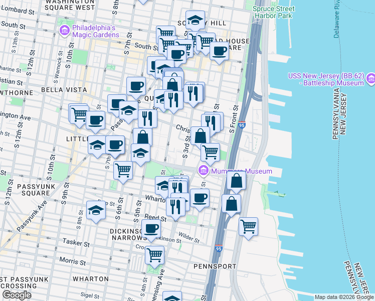 map of restaurants, bars, coffee shops, grocery stores, and more near 1009 South 3rd Street in Philadelphia