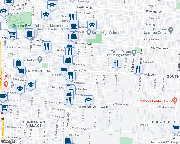 map of restaurants, bars, coffee shops, grocery stores, and more near 591 Frebis Avenue in Columbus
