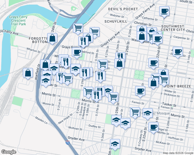 map of restaurants, bars, coffee shops, grocery stores, and more near 1500 South Marston Street in Philadelphia