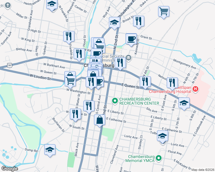 map of restaurants, bars, coffee shops, grocery stores, and more near 162 South 2nd Street in Chambersburg