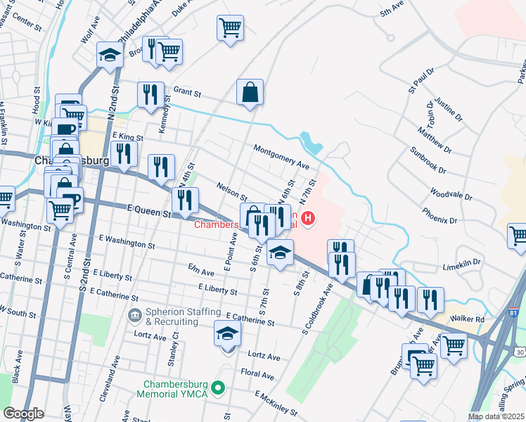 map of restaurants, bars, coffee shops, grocery stores, and more near 580 Nelson Street in Chambersburg