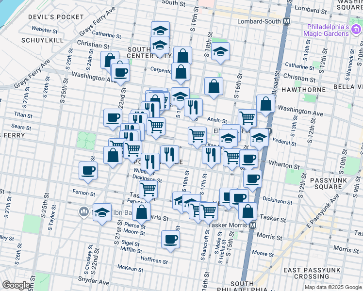 map of restaurants, bars, coffee shops, grocery stores, and more near 1829 Wharton Street in Philadelphia