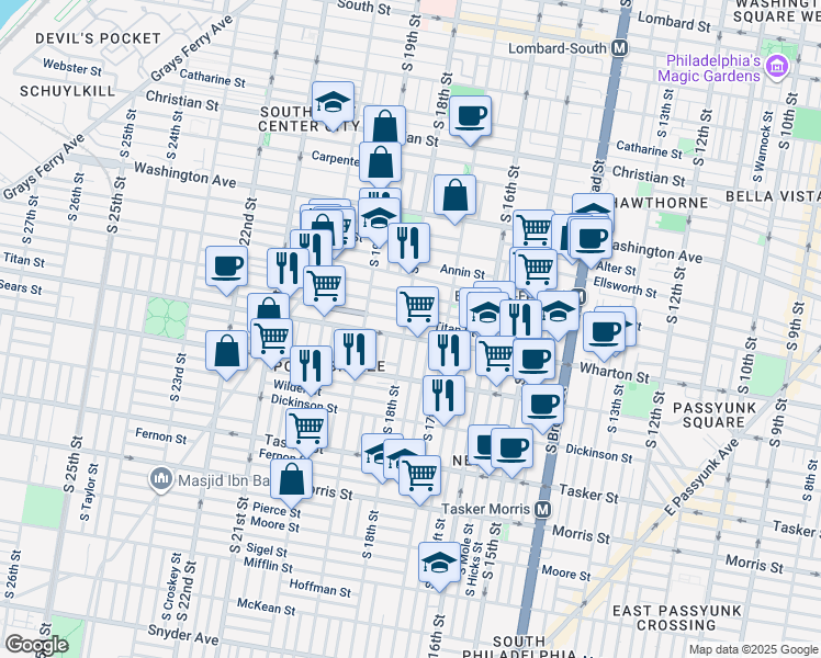 map of restaurants, bars, coffee shops, grocery stores, and more near 1247 South 18th Street in Philadelphia