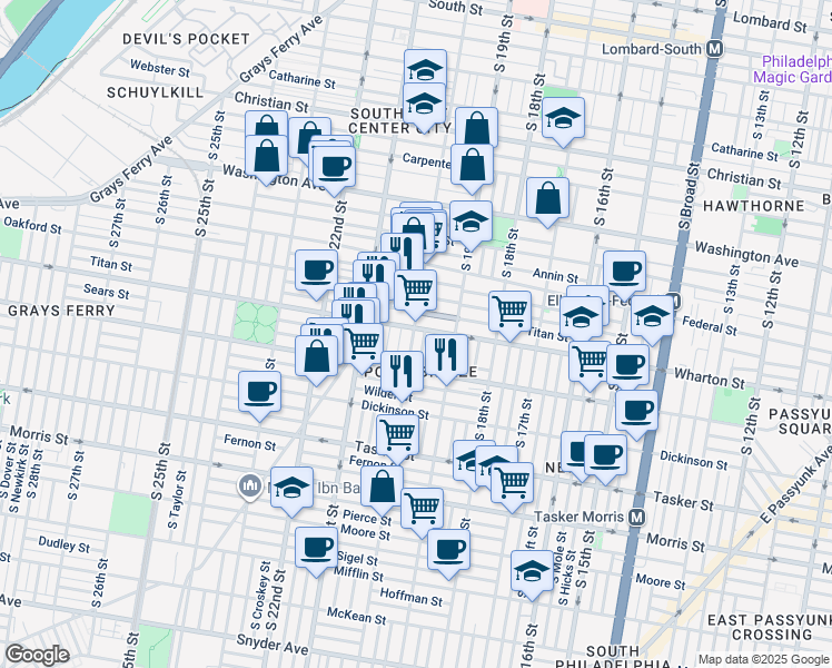 map of restaurants, bars, coffee shops, grocery stores, and more near 1940 Wharton Street in Philadelphia
