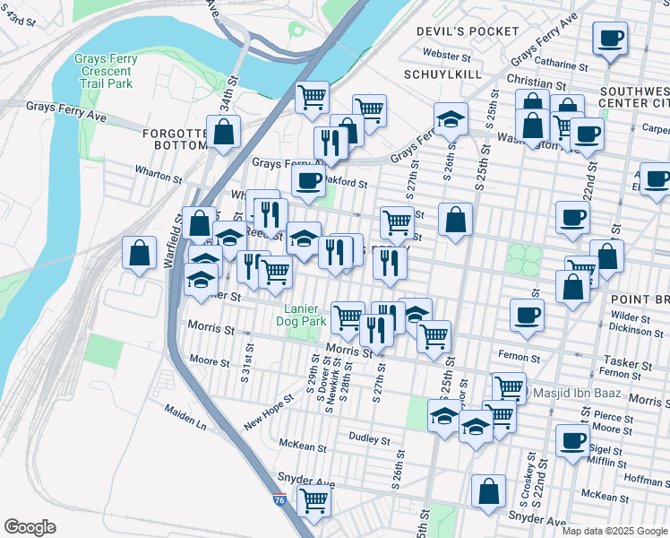 map of restaurants, bars, coffee shops, grocery stores, and more near 1435 South 29th Street in Philadelphia