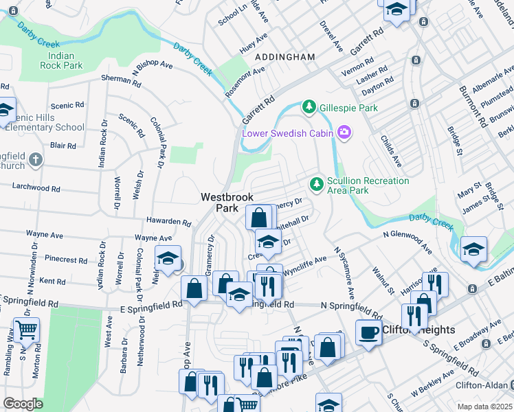 map of restaurants, bars, coffee shops, grocery stores, and more near 5212 Gramercy Drive in Clifton Heights