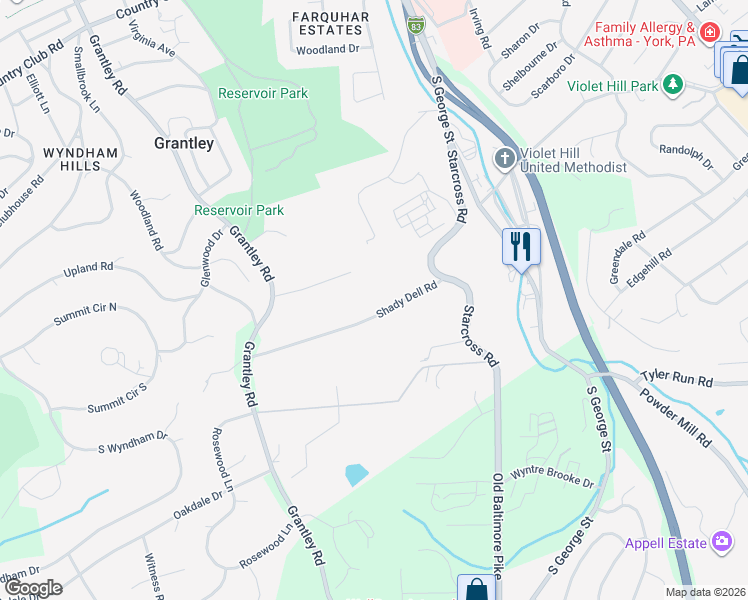 map of restaurants, bars, coffee shops, grocery stores, and more near 430 Shady Dell Road in York