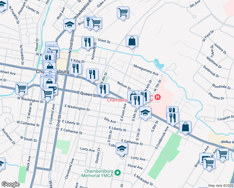map of restaurants, bars, coffee shops, grocery stores, and more near 510 East Queen Street in Chambersburg
