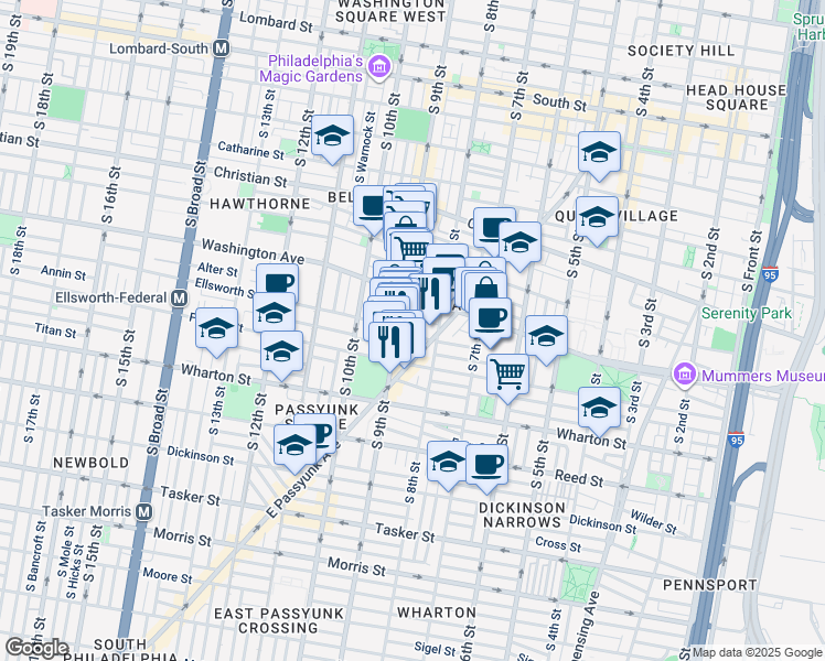 map of restaurants, bars, coffee shops, grocery stores, and more near 827 Ellsworth Street in Philadelphia