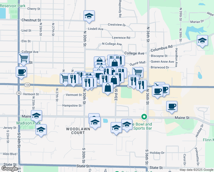 map of restaurants, bars, coffee shops, grocery stores, and more near 3203 Broadway Street in Quincy