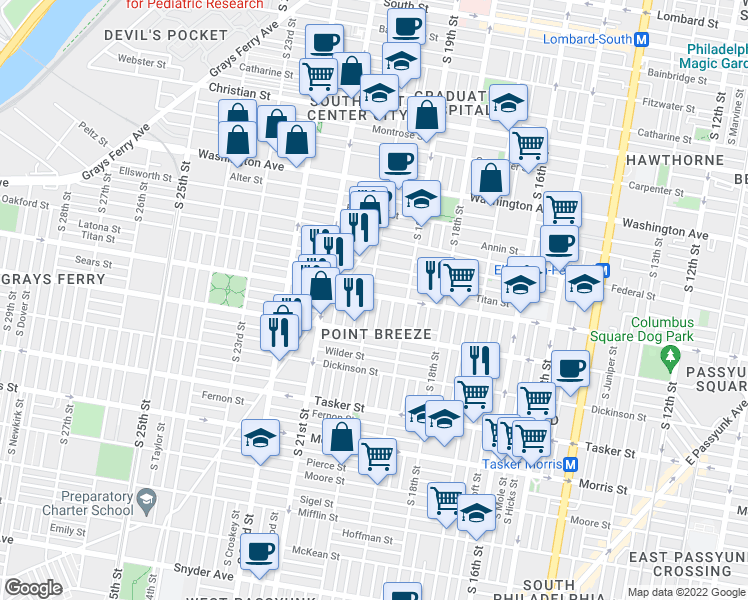 map of restaurants, bars, coffee shops, grocery stores, and more near 1938 Wharton Street in Philadelphia