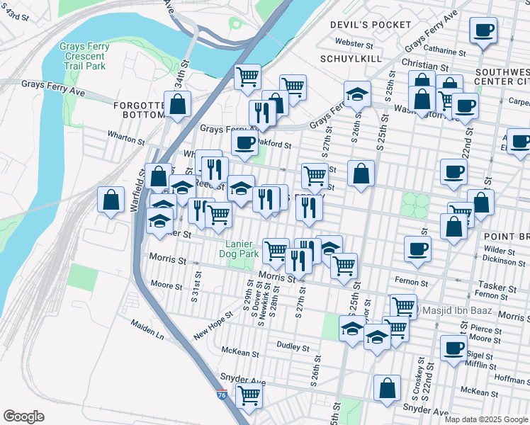 map of restaurants, bars, coffee shops, grocery stores, and more near 1435 South 29th Street in Philadelphia