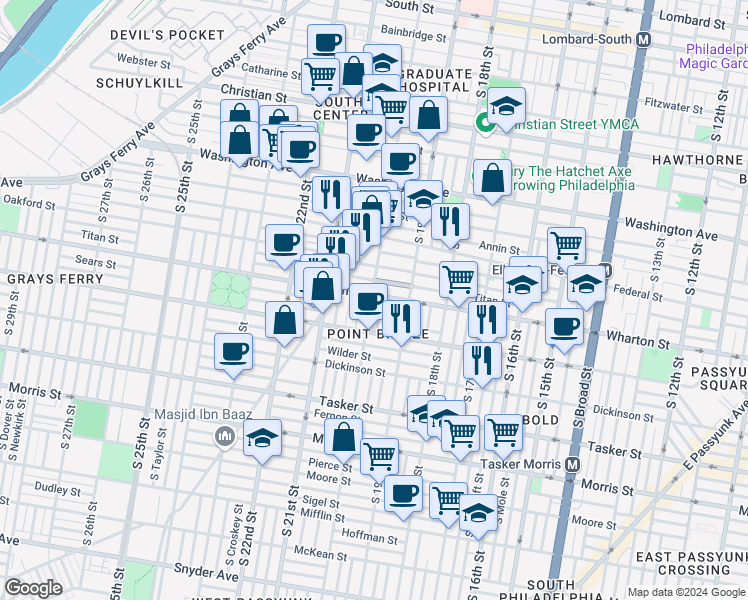 map of restaurants, bars, coffee shops, grocery stores, and more near 1940 Wharton Street in Philadelphia