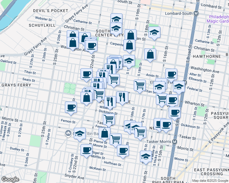 map of restaurants, bars, coffee shops, grocery stores, and more near 1938 Wharton Street in Philadelphia