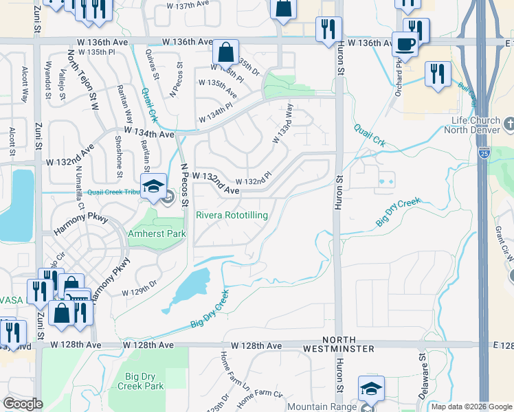 map of restaurants, bars, coffee shops, grocery stores, and more near 316 Mariposa Street in Westminster
