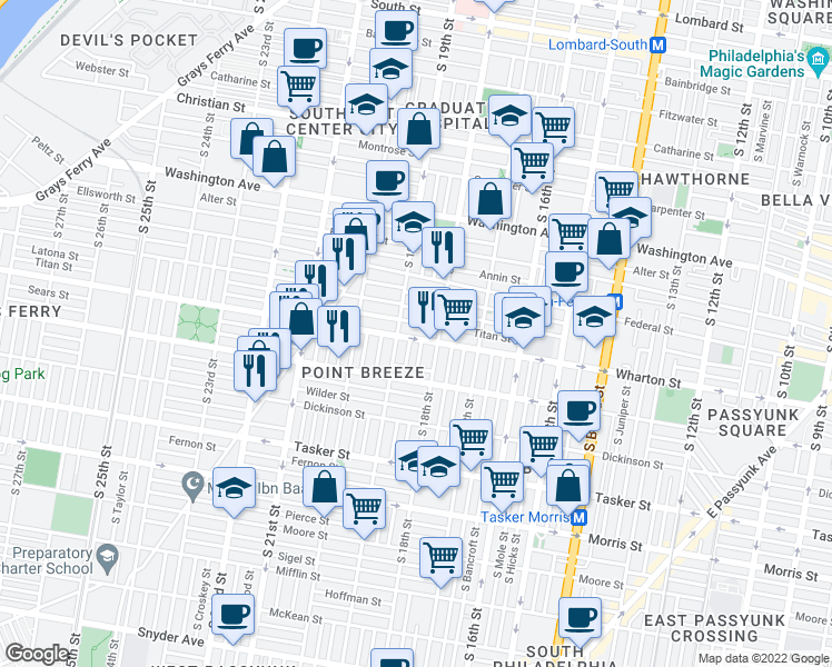 map of restaurants, bars, coffee shops, grocery stores, and more near 1829 Wharton Street in Philadelphia