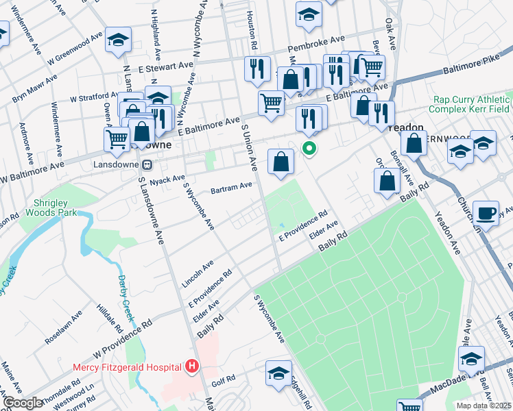 map of restaurants, bars, coffee shops, grocery stores, and more near 188 Fairview Avenue in Yeadon
