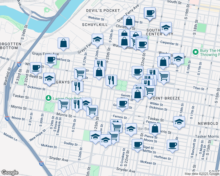 map of restaurants, bars, coffee shops, grocery stores, and more near 1422 South 24th Street in Philadelphia