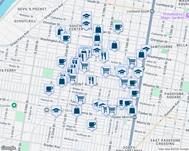 map of restaurants, bars, coffee shops, grocery stores, and more near 1325 South 19th Street in Philadelphia