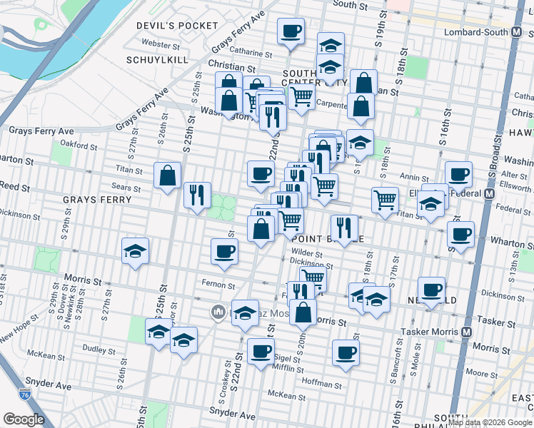 map of restaurants, bars, coffee shops, grocery stores, and more near 2113 Reed Street in Philadelphia
