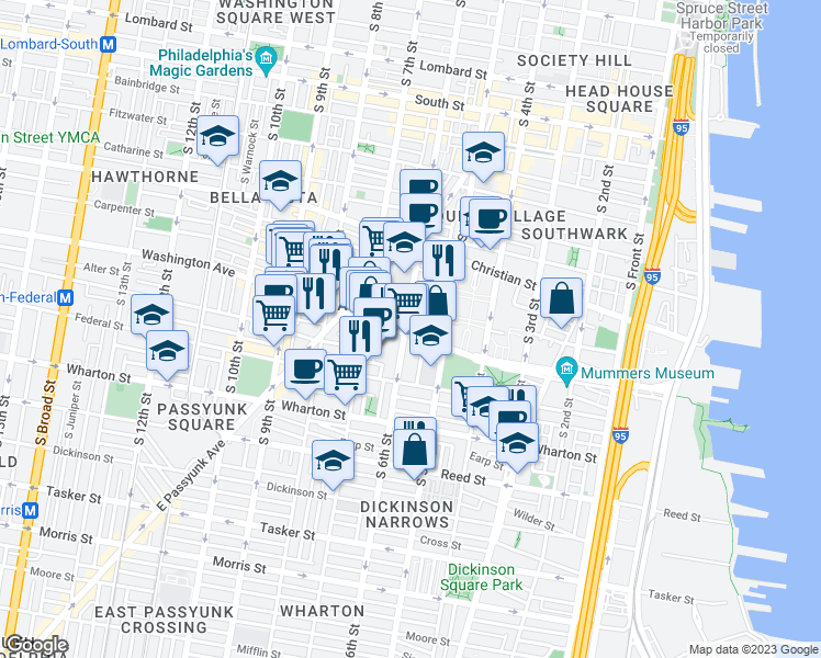 map of restaurants, bars, coffee shops, grocery stores, and more near 541 Washington Avenue in Philadelphia