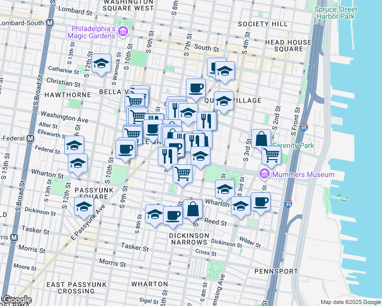 map of restaurants, bars, coffee shops, grocery stores, and more near 541 Washington Avenue in Philadelphia