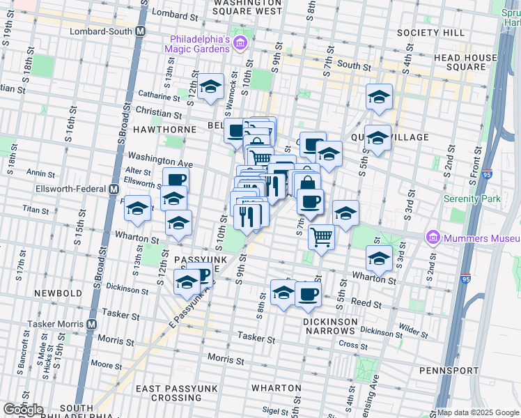 map of restaurants, bars, coffee shops, grocery stores, and more near 827 Ellsworth Street in Philadelphia