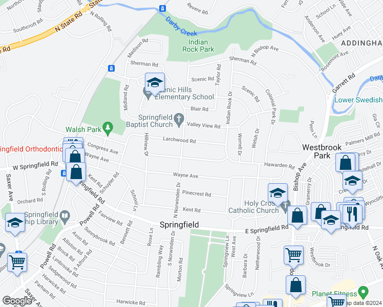 map of restaurants, bars, coffee shops, grocery stores, and more near 419 Hawarden Road in Springfield