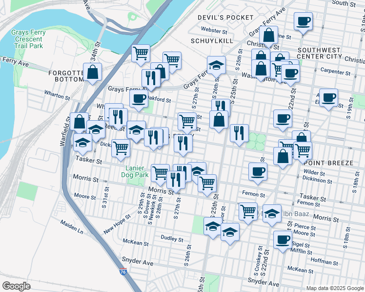 map of restaurants, bars, coffee shops, grocery stores, and more near 1421 South Etting Street in Philadelphia