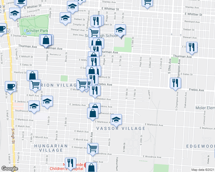 map of restaurants, bars, coffee shops, grocery stores, and more near 531 Frebis Ave in Columbus