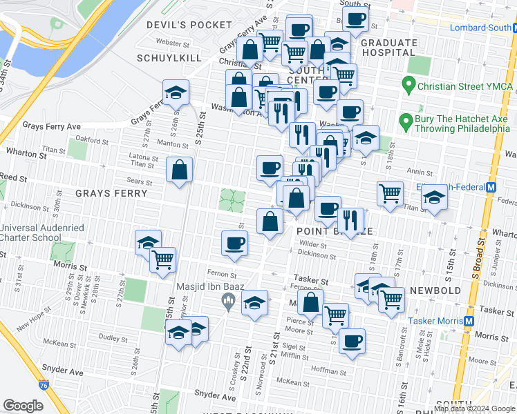 map of restaurants, bars, coffee shops, grocery stores, and more near 2229 Earp Street in Philadelphia