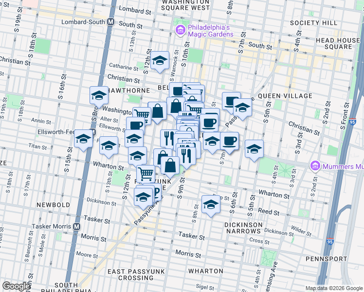 map of restaurants, bars, coffee shops, grocery stores, and more near 1166 South 9th Street in Philadelphia