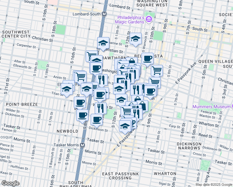 map of restaurants, bars, coffee shops, grocery stores, and more near 1162 South 12th Street in Philadelphia