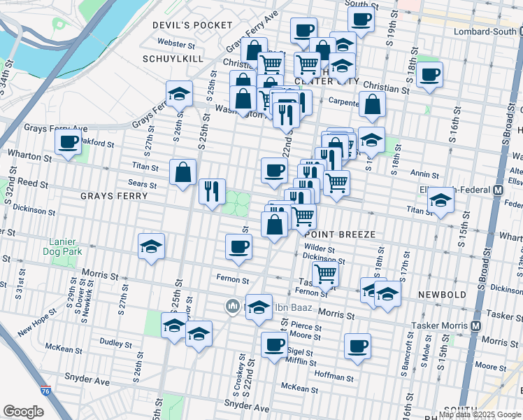 map of restaurants, bars, coffee shops, grocery stores, and more near 2231 Earp Street in Philadelphia